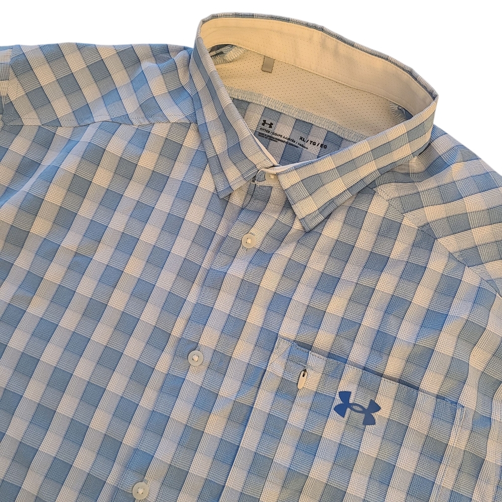 Under Armour Men's XL Fitted Blue & White Check Short Sleeve Performance Shirt